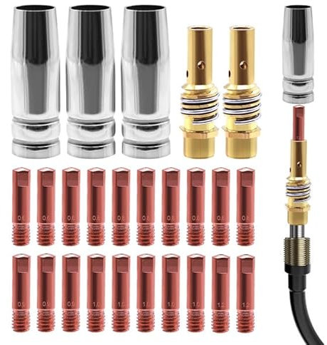 Piuluvor® 25 Stück Verschleißteile Set Schweißzubehör passend MB15AK MIG MAG Schweißbrenner, 3 × Gasdüsen | 2 × Düsenstock | 20 × Stromdüse M6 0,6 mm/0,8 mm/0,9 mm/1,0 mm/1,2 mm