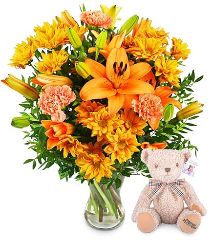 Elegancia Naranja con Oso- Ramo de Flores – Regalo Fresco para Cumpleaños o Día de la Madre – Arreglo de Lujo con Entrega al Día Siguiente – Sorpresa Elegante para Ella