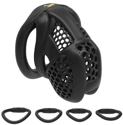 Mens Lightweight Honeycomb Chastity Cage with 4 Sizes Rings, Male Comfortable Penis Devices - HA13 (Black, Small)