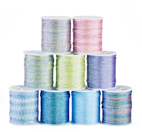 Craftdady 150 m polyester sytråd 0,6 mm 9-lagers polyestersnöre regnbågsfärg flätat bomullsrep för sömnad smyckestillverkning gör-det-själv armband hantverk, 9 rullar