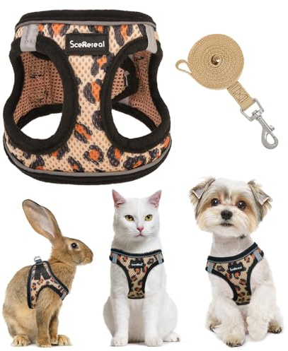 SCENEREAL Cat Harness & Leash Set Escape Proof - Adjustable Air Mesh Vest with Reflective Strips for Kittens, Puppies, Rabbits, Khaki Leopard S