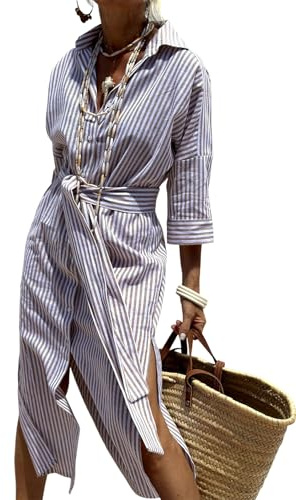 shownicer Vestito Donna Elegante Abito Estivi Vestito Lungo Casual Maniche a 3/4 Scollo a V Vestiti Stampa Floreale Abiti Camicia A Marrone L
