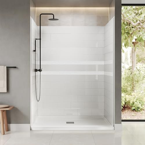 Shower Surround Wall Kit, 32D*60W*79H Inch 1 Thick, Grid Surface Wall Panels for Shower Enclosure, White Tile Finish, SMC Material