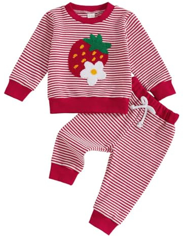 LUVCES Abbigliamento Bambina Set Autunno Manica Lunga a Righe Felpa Top con Graziosi Stampata Ricami+ Pantaloni 2 Pezzi Inverno Primaverile Vestiti Outfit Fragola a strisce rosse 18-24 Mesi