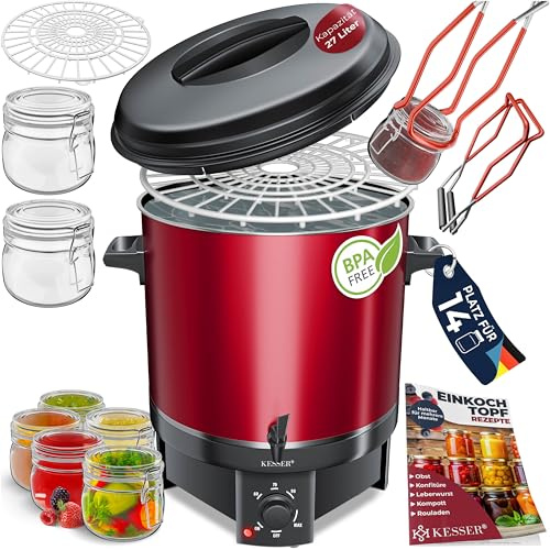KESSER Einkochautomat 27 Liter, Edelstahl| 1800 Watt | Temperatur von 30-100°C | Dauerbetrieb | Abschaltautomatik Einkochvollautomat Heißgetränkeautomat Glühweintopf mit Zange & 2 Gläsern, bordeaux