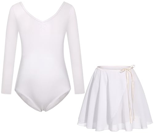 FONLAM Ballettkleid Ballettkleidung Mädchen Langarm Tanzkleid Turnanzug Balletttrikot Tanzbody Baumwolle Ballettrock Kinder (Weiß, 5-6 Jahre)