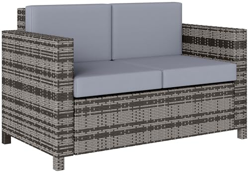 Outsunny Rattan Sofa, 2 Seater Garden Furniture with Soft Padded Cushion and Armrests, Wicker Garden Loveseat for Patio, Mixed Grey