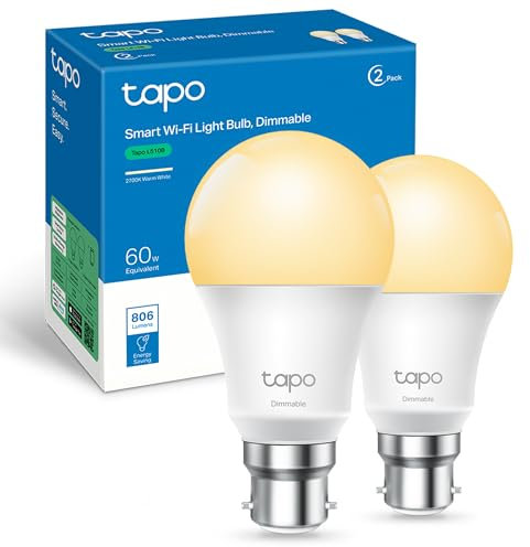 Tapo L510B (2-Pack) B22 Smart Bulb, Alexa Light Bulb, WiFi Smart Light Bulb, Dimmable, 8.3W (60W), Schedule & Timer, Away Mode, Energy Saving, Preset for Convenience, Voice Control with Alexa & Google