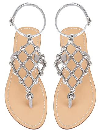 UTIKLIOU Women's Rhinestone Flat Sandals Women's T-Strap Thong Sandals Summer Flat Sandals Ankle Strap (Silver 10)