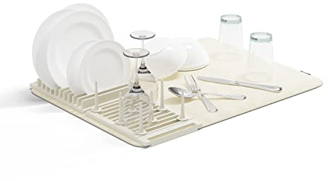 Umbra Udry Dish Rack with Movable Pegs and Microfiber Drying Mat – Space-Saving Design Folds Up for Easy Storage, Basic Rack, Linen
