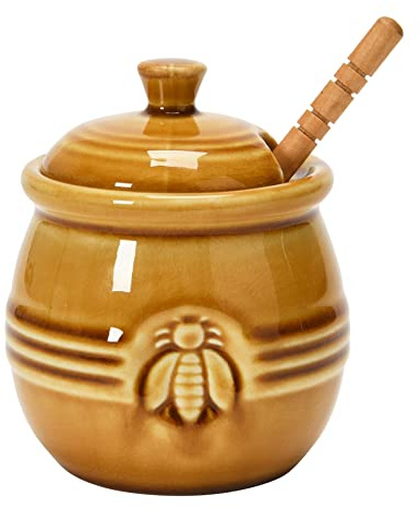 Creative Co-Op Farmhouse Embossed Stoneware Honey Pot with Wood Honey Dipper, Amber Orange