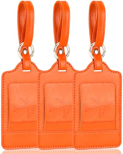 Teskyer 3 Piezas Identificador Maletas Viaje, Etiqueta Maleta Viaje, Etiquetas para Maletas de Viaje, Notable, Duradero, Cuero de PU, con Tarjeta de Identificación de Nombre, Naranja