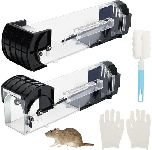 BELLE VOUS 2er Pack Mausefalle lebend mit Bürste & Handschuhen 32 cm - Wiederverwendbare & Leicht Aufzustellende Ratten & Mäuse Lebendfalle mit Luftlöchern für Drinnen & Draußen