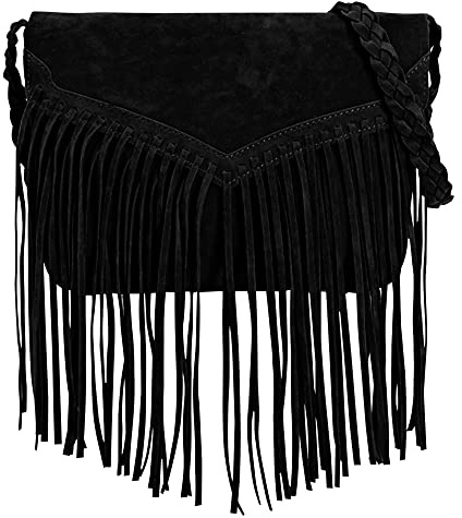 Aisi Sac à main à franges élégant en daim avec pompons pour femme, Noir , Taille unique