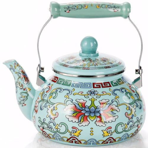 Pumtus 2.6 Quart Floral Enamel Tea Kettle, Vintage Enameled Teapot Stovetop, Enamel Steel Water Coffee Tea Pot with Ceramic Handle, Colorful Hot Water Kettle for Home Kitchen Tea Party, No Whistling