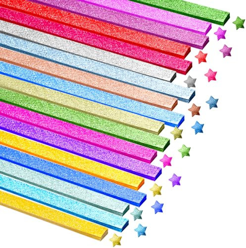 Origami Sterne Papierstreifen Glitzer 18 Farben Origami Papier Sterne Streifen Glücksstern Glitzernd Origamipapier für DIY Handwerk Dekoration 1080 Streifen