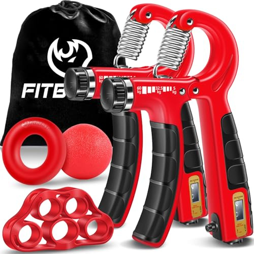 FitBeast Hand Grip Strengthener Workout Kit (5 Pack), 2 Forearm Grip Adjustable Resistance Hand Gripper, Finger Stretcher, Grip Ring & Stress Relief Grip Ball for Athletes (Crimson)