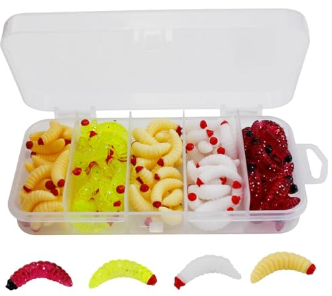 Soft Plastic Baits, 125PCS Soft Maggot Fishing Bait, Fishing Worms, Artificial Freshwater Soft Bait, Wax Maggot Lures, Fake Bait for Trout Ice Fishing, Lake, Saltwater