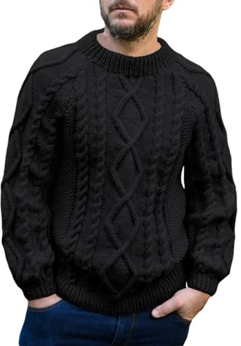 Runcati Pull pour homme en tricot câble hiver col rond manches longues chaud pull-over uni vintage coupe droite tricot pull, Noir , L