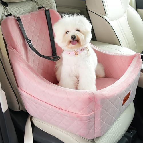 WOOAIDAGG Seggiolino auto per cani di taglia media, lettino da viaggio per animali domestici con canale per cintura di sicurezza, rimovibile e lavabile, installazione a 3 cinghie (rosa)