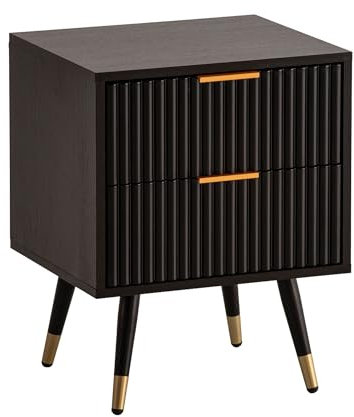 FineBuy Nachtkonsole Schwarz mit Eiche-Dekor 43,5x39x56 cm Nachttisch Modern, Nachtkommode Boxspringbett mit Schubladen, Nachtkästchen mit Stauraum