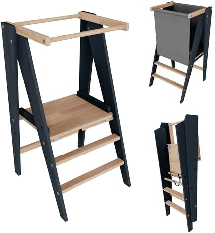 VILHA Lernturm Montessori Platzsparend und höhenverstellbar aus Holz für Kinder ab 1 Jahr (Klappbar) Learning Tower, Tritthocker, Kinderturm, Schemel für Kinder Graphit/Natur (Graphit/Natur)