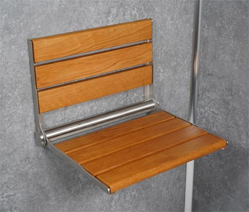 Aidapt Wall Mounted Shower Seat,Folds Flat to Wall,Contemporary,Slatted Design,Easy Drainage,Oak Wood,Stainless Steel Mounting Plate, Stylish,Mobility,Pregnancy,Elderly,Space Saving