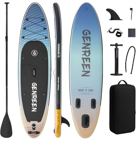 GENREEN (Extra Groß) Stand up Paddle Board für Aller Fähigkeitsniveaus, 305x76cm Aufblasbare Paddleboard für Adults mit Allem Zubehör, SUP Board mit Cam Halterung, 3 Finnen (Ocean Dusk)