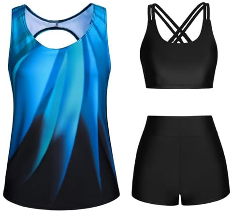 3 Pezzi Tankini Donna Vendita, Costume da Bagno da Donna con Pantaloncini, Canotte con Reggiseno e Culotte Sets Stampato Tankini Set Crisscross Bikini, Top Controllo Pancia, Vita Alta Costume Bagno