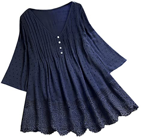 Tunique vintage bohème en gaze pour femme - Grande taille - Graphique floral brodé - Chemise indienne à volants sur le devant pour femmes âgées - Manches 3/4 - Club en dentelle et lin, bleu marine, XL