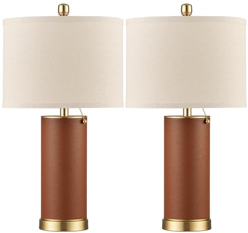KDG 23.4 Brown PU Leather Table Lamps for Living Room Set of 2, E26 Socket LED Modern Home Decor Fabric Lampshade Desk Lamp Lighitng for Bedroom, Bedside, Farmhouse, Nightstand, Night Light