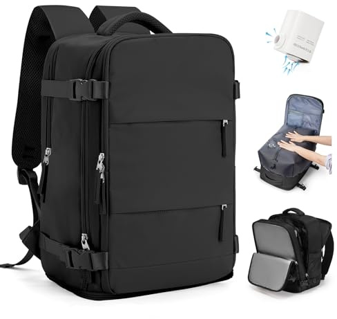 SEAFEW Zaino Sottovuoto da Viaggio 40x30x20 con Pompa, Borsa da Cabina per Ryanair Bagaglio a Mano Impermeabile Lavoro e Scuola Trekking Casual Daypack per 14 laptop,M1-nero