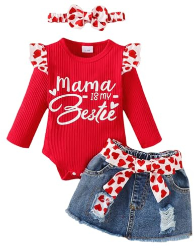 LUVCES Nouveau-né Bébé Fille Vêtements Tenue Manches Longues Côtelé Barboteuse Amour Denim Jean Jupe Ensemble Saint Valentin Vêtement Manches longues rouges MaMa 3-6 Mois