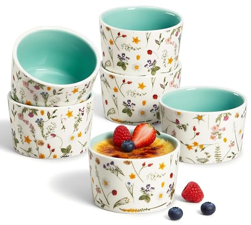 ONEMORE 6 oz Ramekins Oven Safe, Floral Ceramic Ramekin Set of 6 Mint Green Ramekins for Baking & Serving, Creme Brulee Dishes, Custard Pudding Souffle Cups, Small Dessert Bowls for Oven, Air Fryer