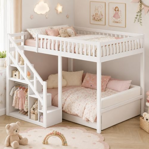 Cama Alta Infantil 140x200 cm, Cama Loft Doble Blanca, Litera Alta para Niños, con Escalera de Almacenaje, Barandilla de Seguridad, Somier de Láminas, Cama Elevada para Dormitorio Infantil Juvenil