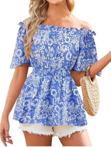 Poetsky Womens Off The Shoulder Tops for Women 2026 Sexy Hawaiian Shirts Peplum Empire Waist Country Concert Blouses Blue Floral L