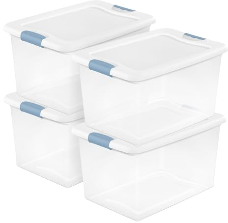 Sterilite 4-Pack 64 Quart Latching Box, Clear Plastic Storage Organizer Bins with White Lids - Large Stackable Containers for Home Bedroom, Dorm Room, and Closet Organization