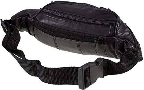 Lorenz Genuine Traditional All Soft Leather Bum Bag with 6 Zips, Black