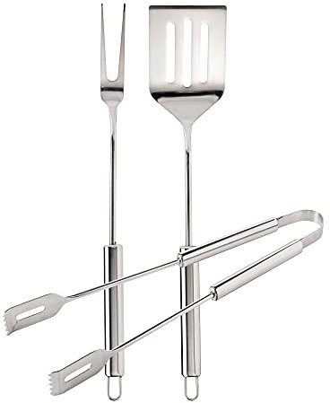 Cook'in garden - Juego de 3 Piezas (Acero Inoxidable, Modelo AC302, Tenedor, Pinza y espátula, Apto para Plancha y Barbacoa, tamaño 44 x 10 x 6 cm)