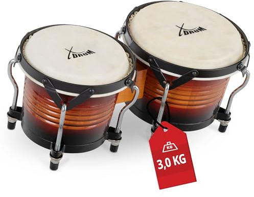 XDrum Bongos Pro Vintage Sunburst - 2 tambores con diámetros de 6,5 (17 cm) y 7,5 (20 cm) - Bongos con parches naturales afinables y llave de afinación - Tambores de madera rojo marrón
