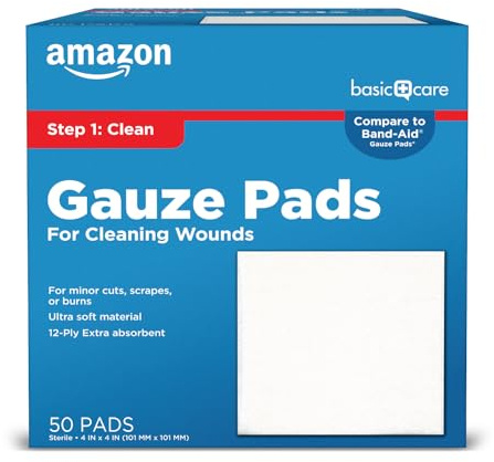 Amazon Basic Care Gauze Pads, 4x4 inches Sterile Medical Wound Dressing Sponges for Cleaning, Covering, & Cushioning Cuts & Minor Injuries, 50 Count (Pack of 1), (Previously All Health)
