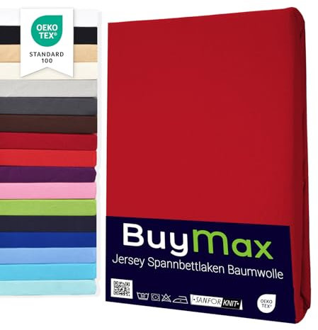 Buymax® Spannbettlaken 200x200cm Baumwolle 100% Spannbetttuch Bettlaken Jersey, Matratzenhöhe bis 25 cm, Farbe Rot