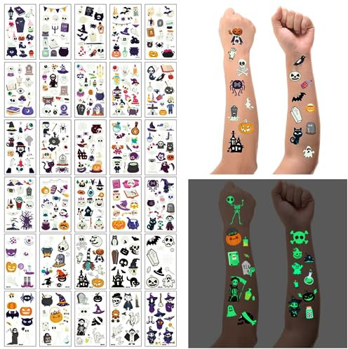 Bluelves 30 Feuilles Halloween Tatouage Enfant,Tatouage Ephemere Enfant Lumineux, Temporaire Tattoo Enfants,Étanche Tatouages éphémères, Faux Tatouage Fluorescen Autocollant, Deco Halloween