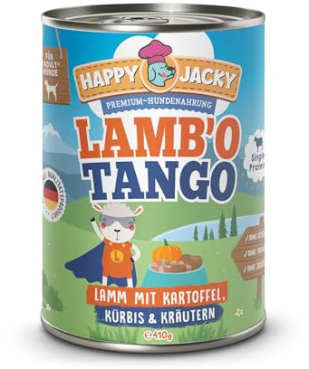 HAPPY JACKY | extra sensitives High-Premium Nassfutter für Hunde ohne Getreide | Lamm mit Kartoffel, Kürbis & Kräutern | ohne Konservierungsstoffe, Zuckerfrei | 6x410g