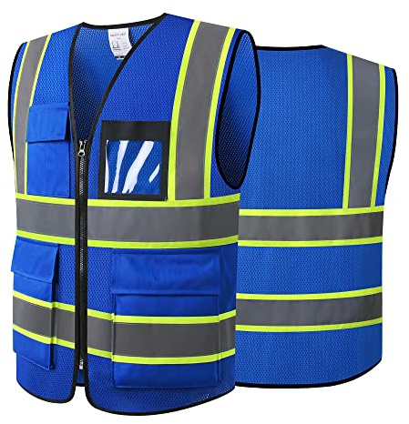 ASIPHITU Reflective High Visibility Safety Vest for Men Women Security with Pockets Zipper Front for Work Vest with Reflective Strips Meets ANSI/ISEA Standards(H-Blue-L)