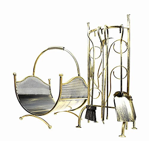 Dixiestore Set per caminetto Bidone di legno Pala Prowler Scopa Pinza + Supporto Metallo solido Elegante Design Vintage 65x50x40 cm 4,5 kg Oro