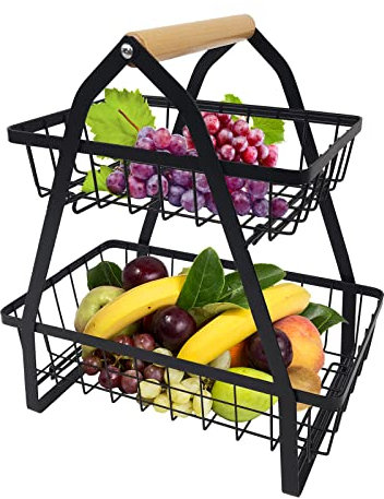 UISEBRT Étagère à fruits à 2 étages - En métal - Amovible - Avec poignée en bois - Panier à pain - Panier à légumes - Pour fruits, légumes, pain, collations - Noir