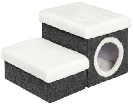 Bonlife Cat House Pet Stairs for Beds Sofa, Dog Bed for Indoor, Foldable Cat Climb Ladder with Storage,2-Tier Pet Steps with Toy Box,Dark Grey,58x40x32cm