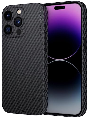 X-level für iPhone 14 Pro Hülle, 0,35 mm Ultra Dünn und Leicht Aramidfaser Handyhülle Kratzfeste Carbon Textur Schutzhülle Kameraschutz Extrem Slim Hard Case - Schwarz