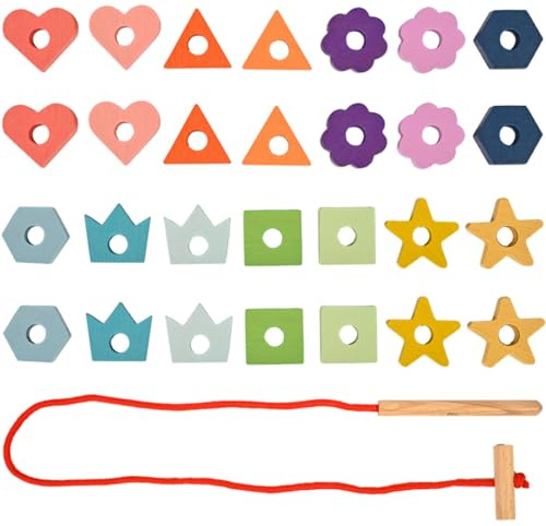 tickit Rainbow Wooden Lacing Shapes – Beechwood Threading Toy for Early Years, Enhances Fine Motor Skills and Creativity, 28-Piece Set in Seven Colours with Lace and Threader
